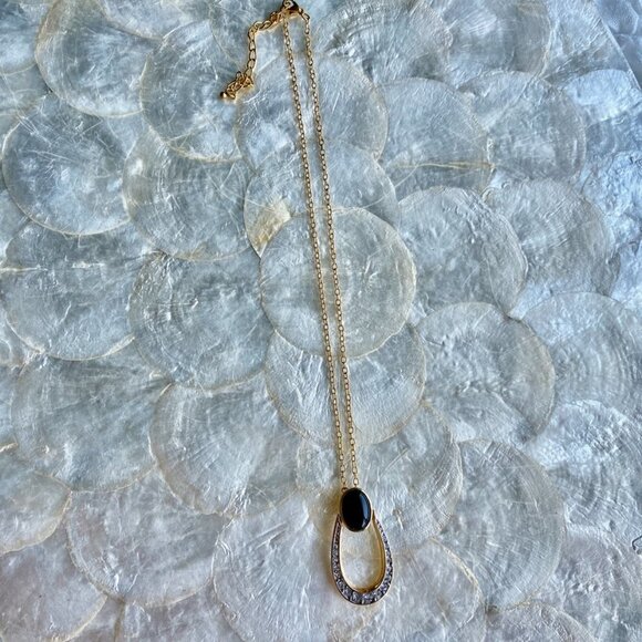 Gold Necklace with Black Cabochon and CZ - Picture 4 of 7